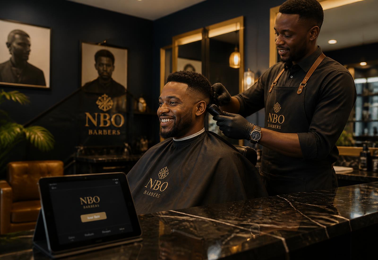 Barber serving a client in a modern Kenyan barbershop with a tablet POS on the counter